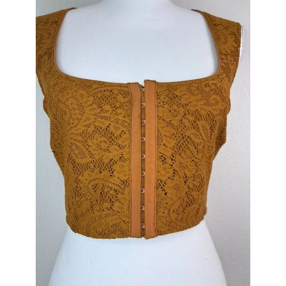 Urban Outfitters Mustard Lace Hook-Front Crop Top - Picture 2 of 5